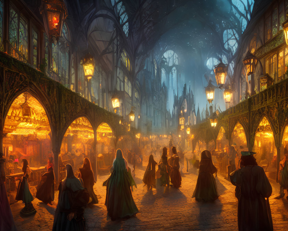 Fantasy marketplace at dusk with merchants and gothic architecture.