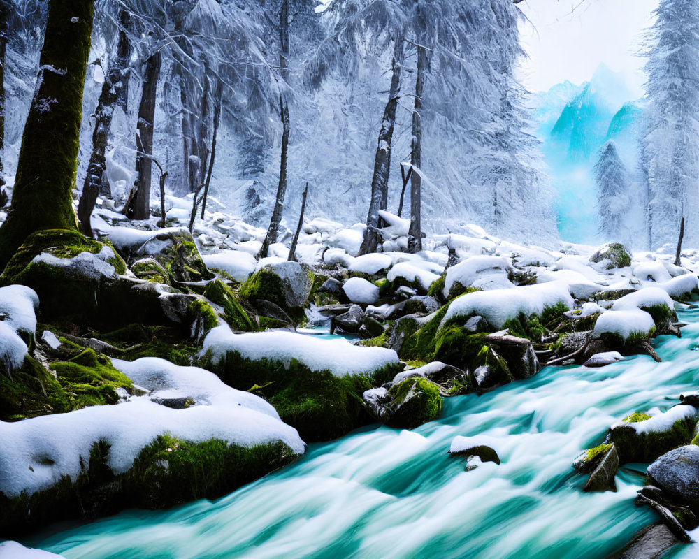 Snowy Forest Scene with Moss-Covered Rocks and Turquoise River