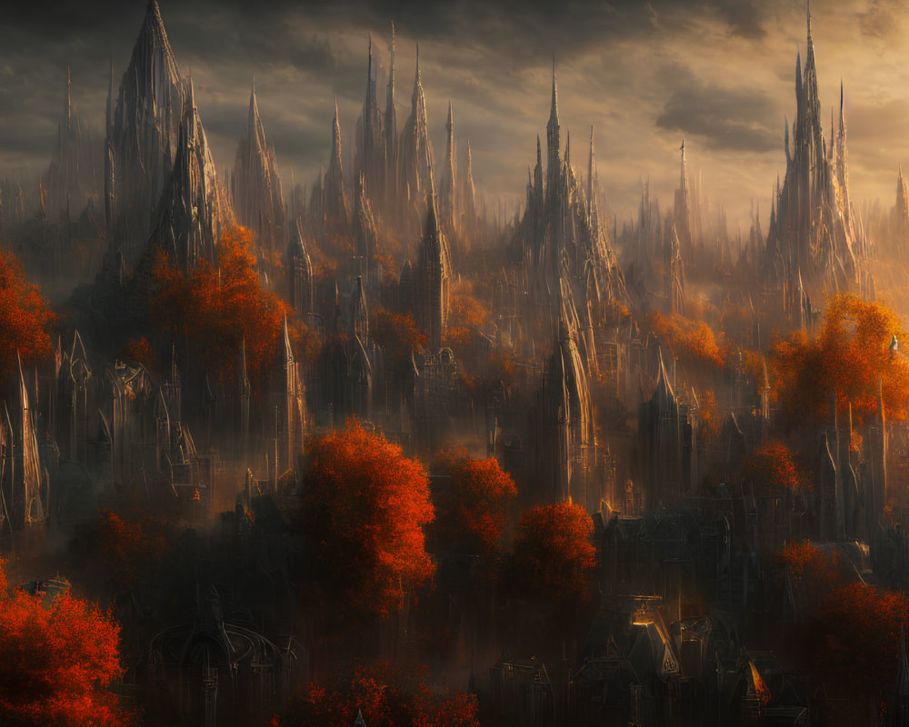 Fantasy landscape with towering spires and autumnal trees under warm, ethereal glow