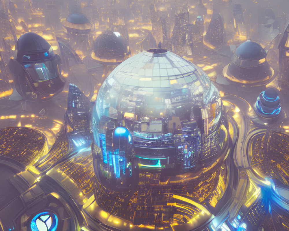 Futuristic cityscape with glowing lights and domed structures