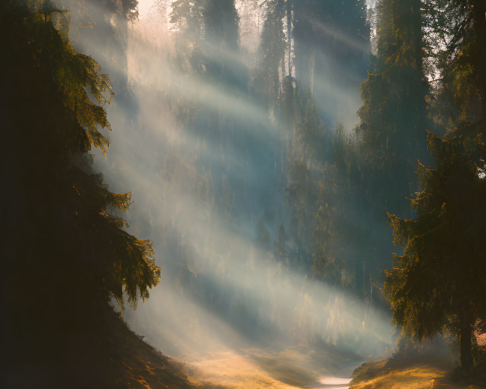 Forest scene: Sunlight through mist creates warm, ethereal glow