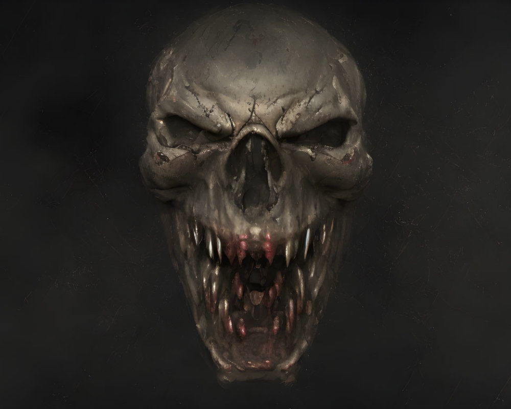 Menacing metallic skull with sharp teeth and red highlights on dark background