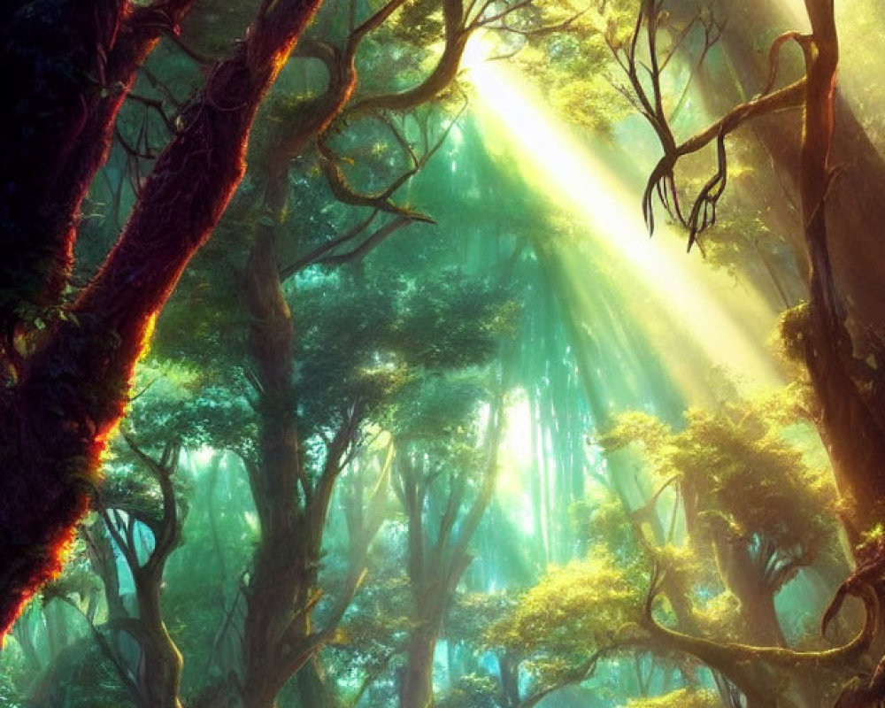 Mystical forest with vibrant green foliage and ancient trees under sunlight