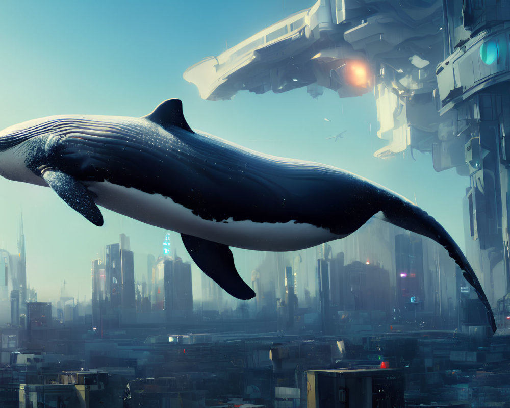 Gigantic whale above futuristic cityscape with tall buildings and flying vehicles