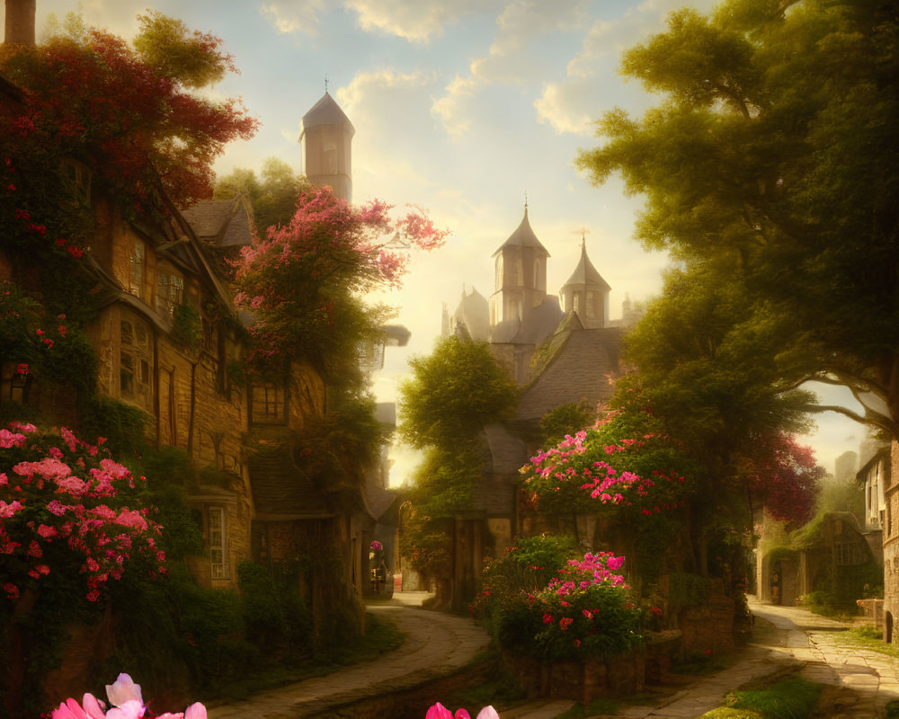 Tranquil cobblestone street with ivy-covered houses and blooming flowers