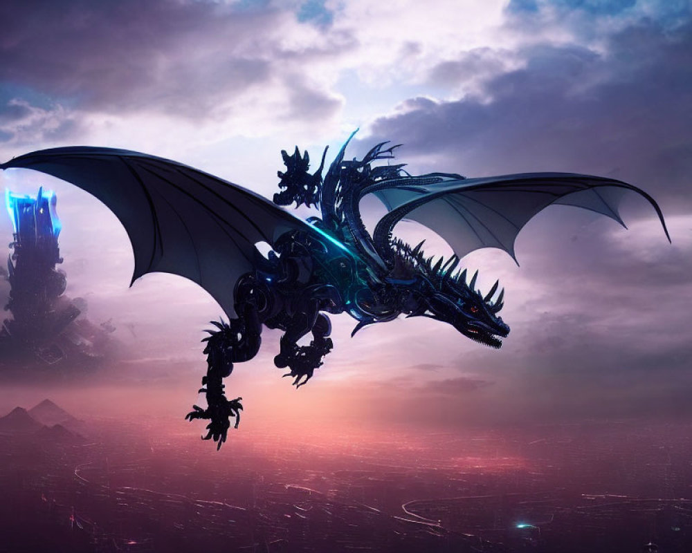 Majestic dragon flying over futuristic landscape at sunrise or sunset