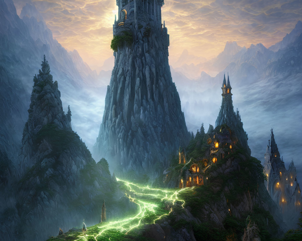 Mystical landscape with towering spire and fairy-tale structures surrounded by glowing paths.