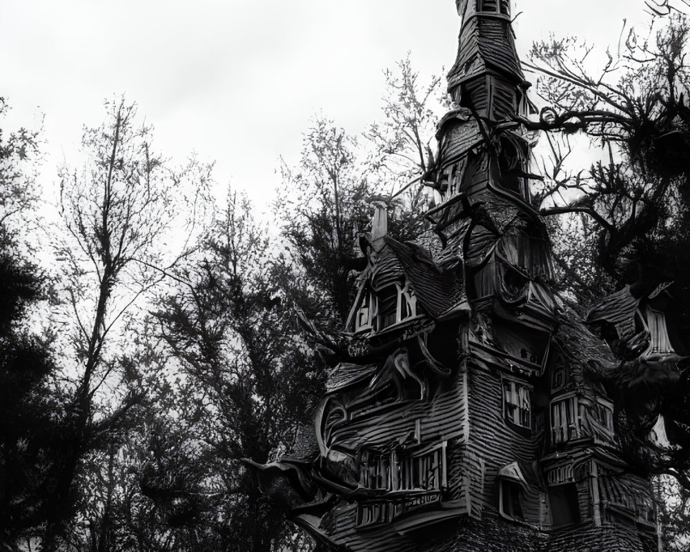 Whimsical twisted house with pumpkins under cloudy sky