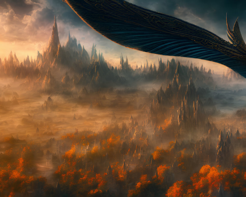 Mystical landscape with soaring dragon wing and towering spires