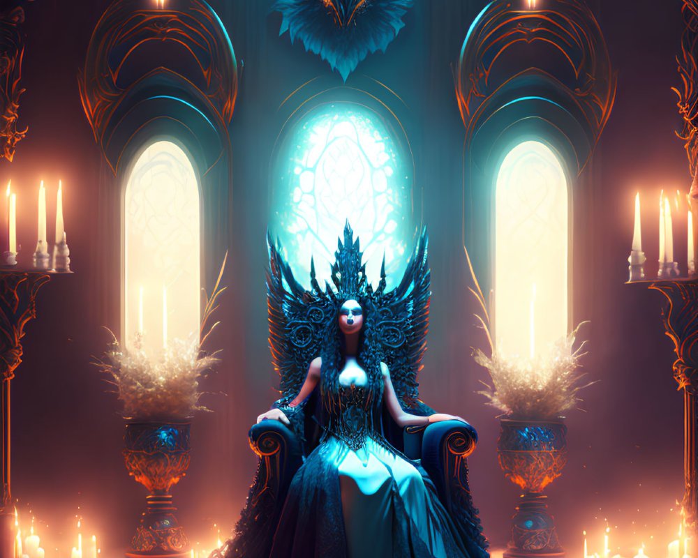 Majestic figure with dark wings on throne in gothic hall with candles