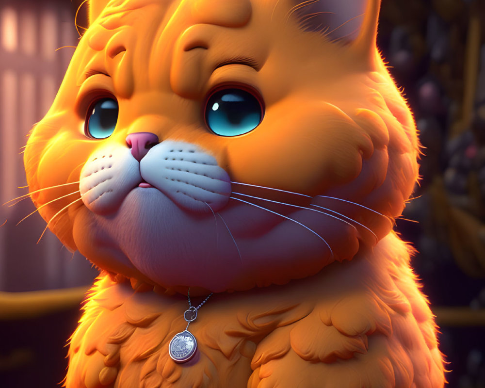 Chubby animated cat with orange fur and sad expression on blurred background