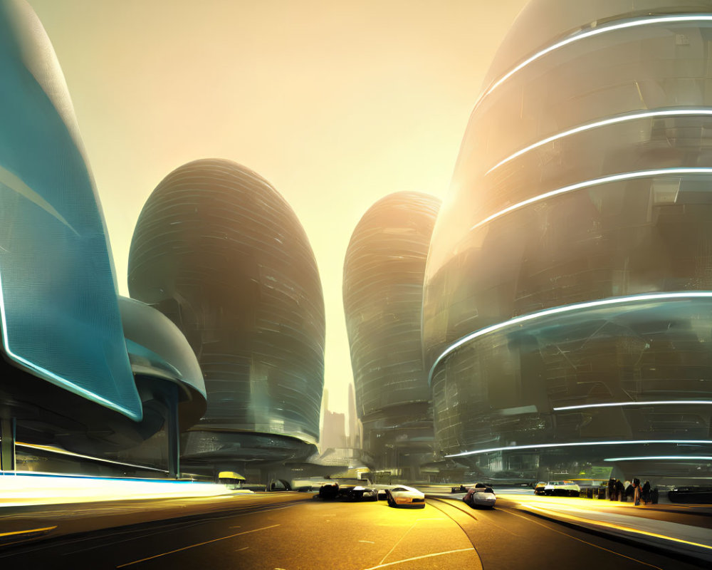 Sleek futuristic cityscape at golden sunset