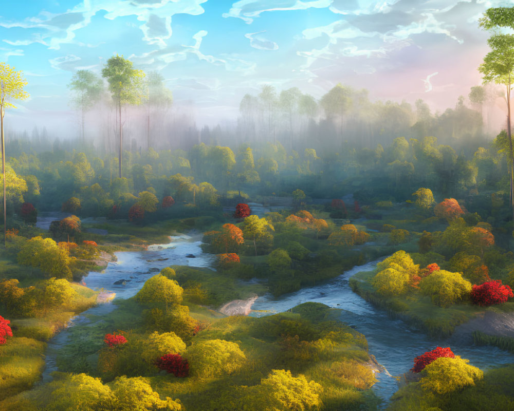 Tranquil sunrise scene: meandering stream in lush forest