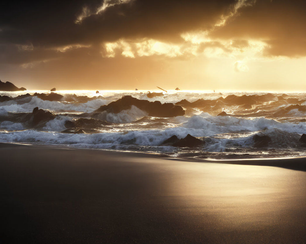 Golden light reflects on waves at rocky beach with birds in sky