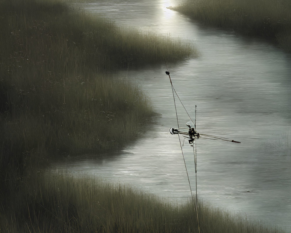 Tranquil landscape: winding river, tall grasses, warm sunset glow