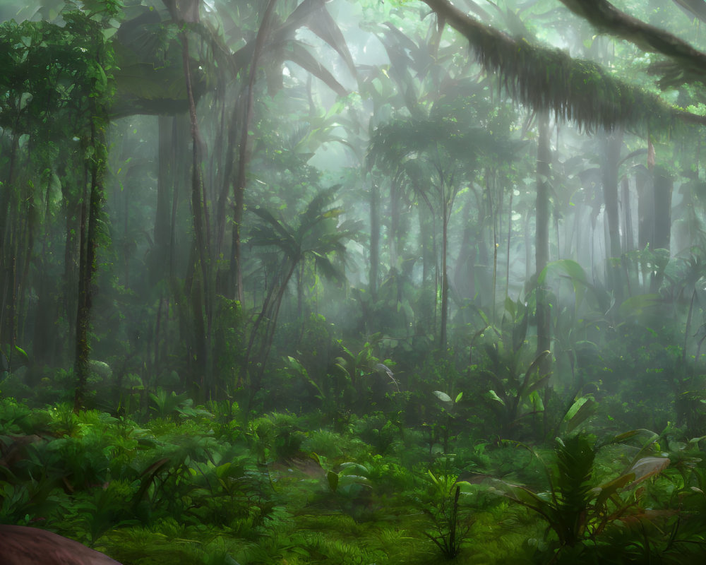 Lush Tropical Rainforest with Towering Trees and Misty Atmosphere