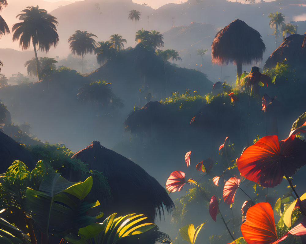 Tropical landscape with vibrant foliage, thatched huts, misty hills, and birds in sunrise