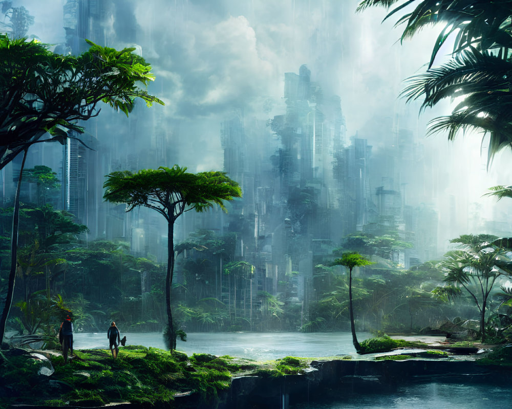 Futuristic cityscape backdrop with lush greenery, misty ambiance, figures near serene water.