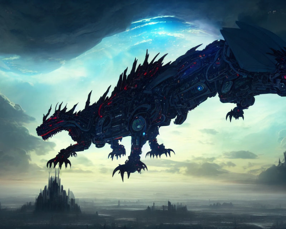 Mechanical dragon flying over futuristic landscape with nebula and celestial bodies.