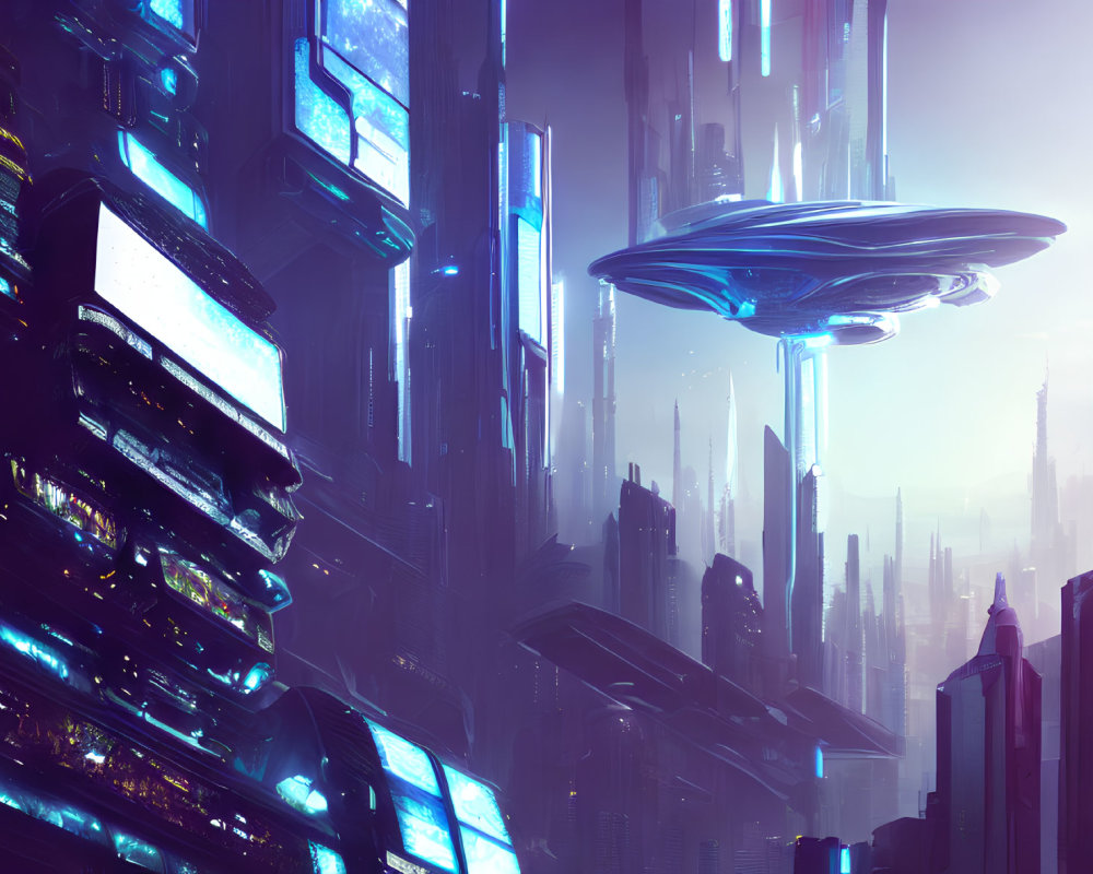 Neon-lit skyscrapers and flying saucer in futuristic cityscape