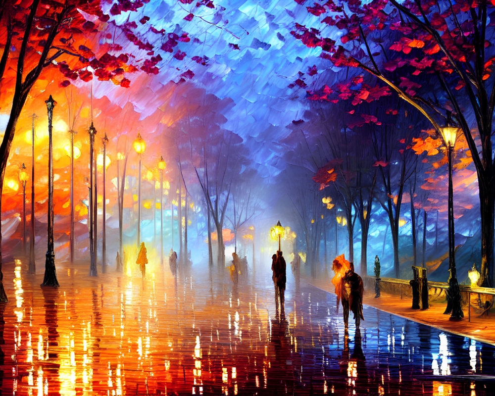 Colorful Impressionistic Painting of People Strolling on Wet Path