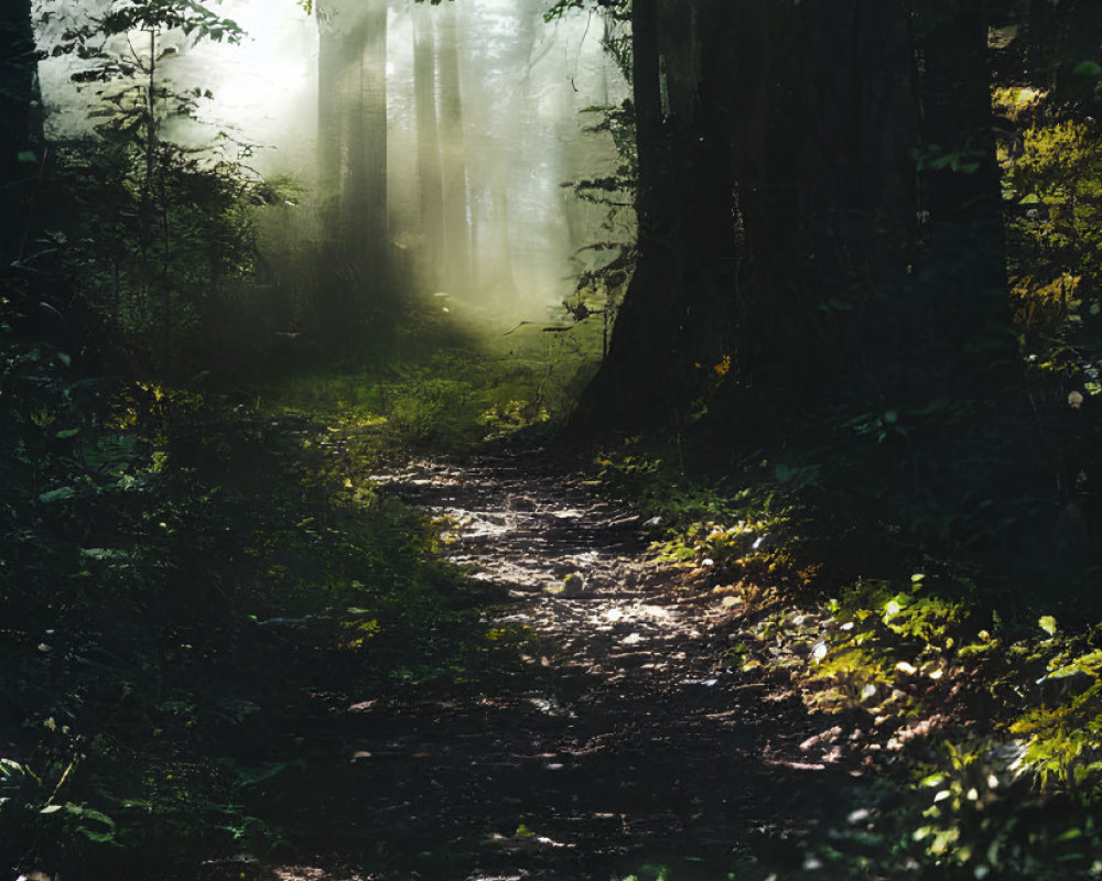 Tranquil forest path with misty sunlight and towering trees