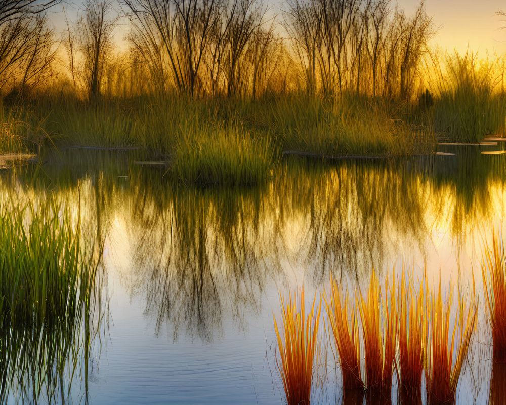 Tranquil lake at sunset with grasses, trees, and vibrant sky