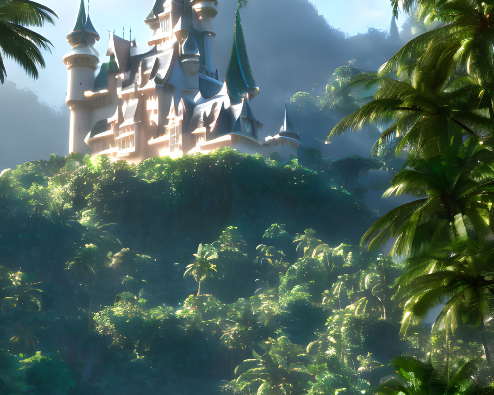 Majestic castle with spires in lush forest with palm trees