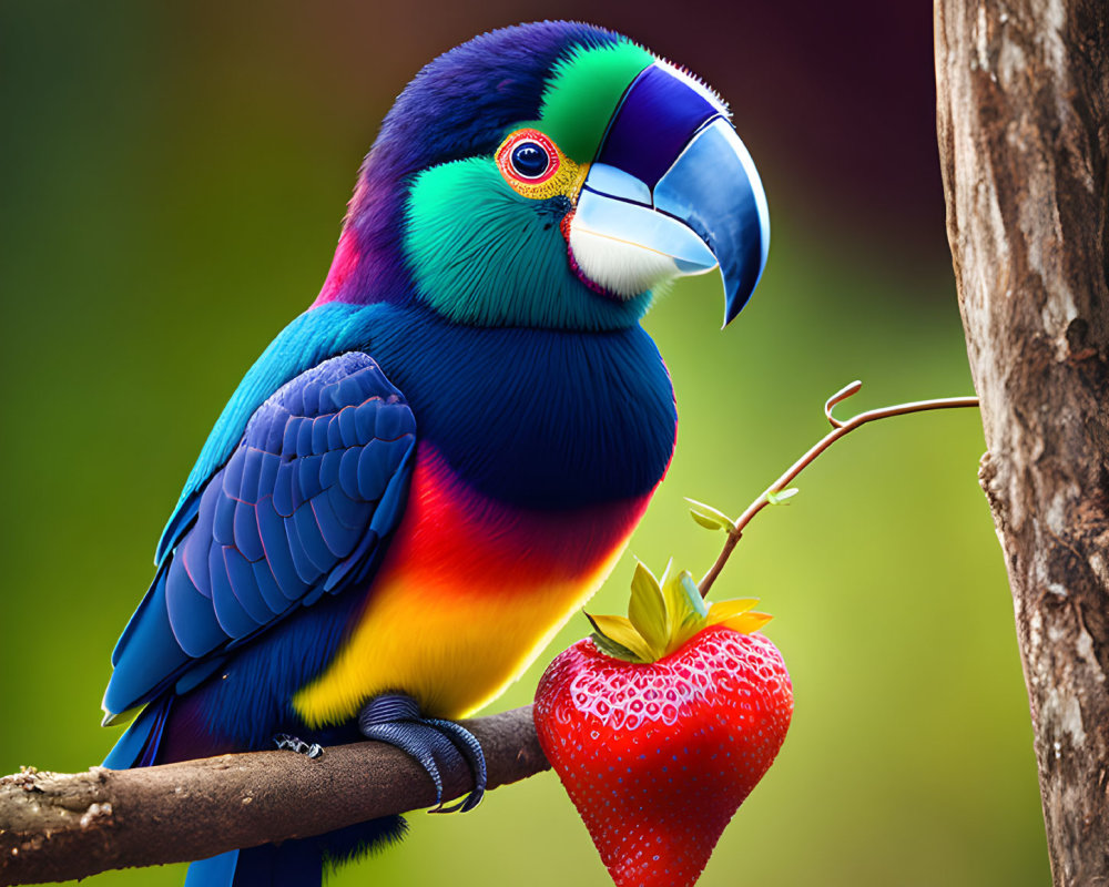 Colorful Parrot with Strawberry Perched on Branch