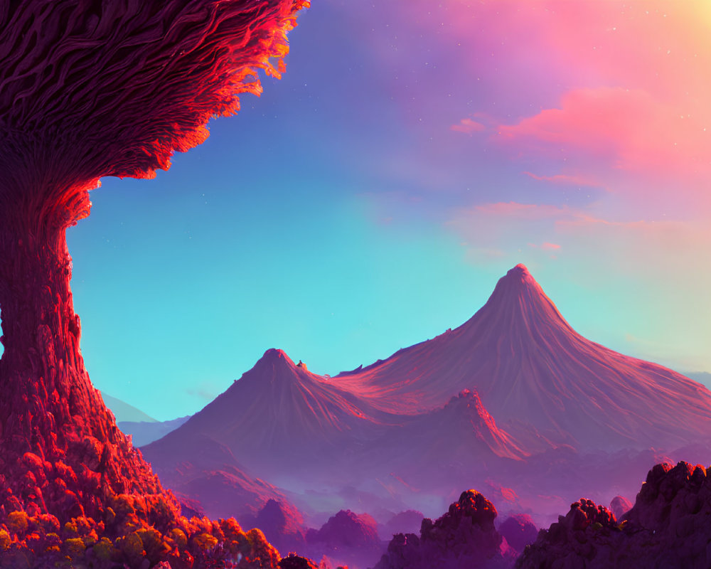 Alien landscape with colossal tree and twin volcanic peaks at twilight