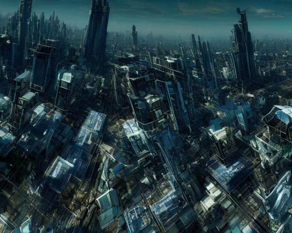 Futuristic cityscape with high-rise buildings under blue-hued sky