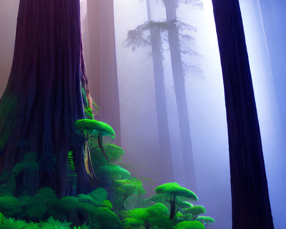 Mystical forest with towering trees and ethereal fog