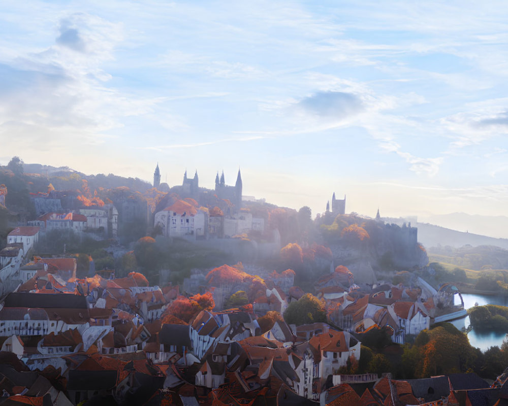 Historic town sunrise panorama with autumn foliage and traditional architecture