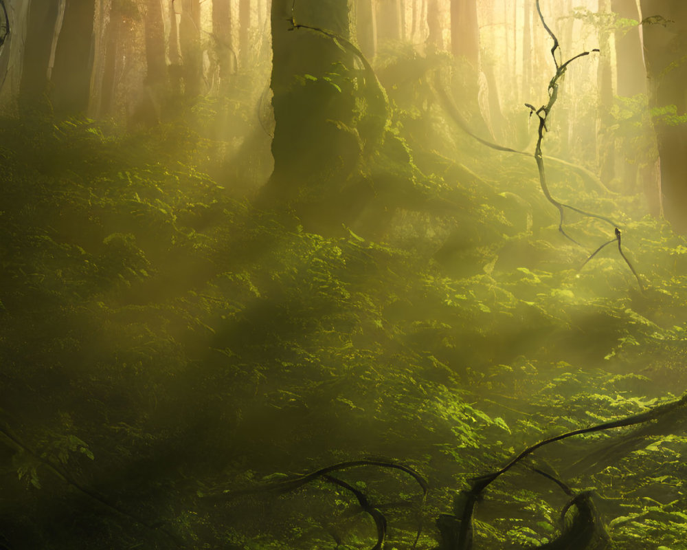 Misty green forest with sunlight filtering through