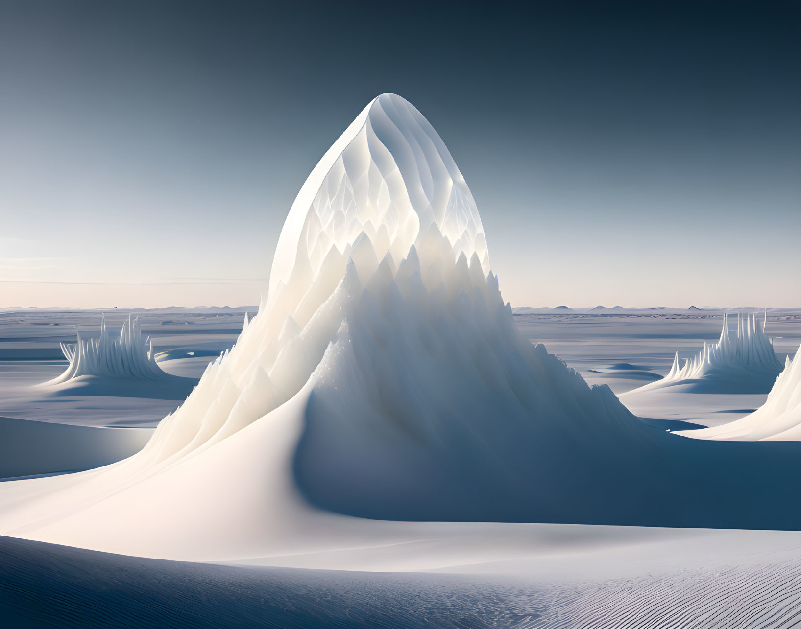 Digitally-rendered landscape featuring geometric ice mountain and snowy expanse