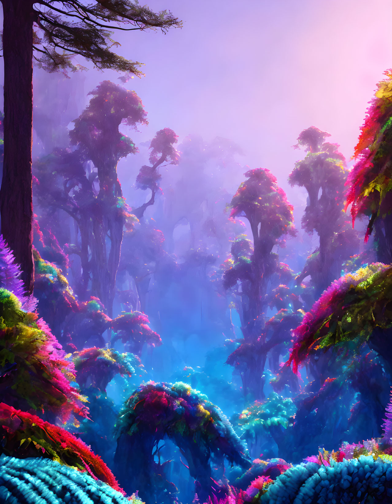 Enchanting purple and pink mystical forest with fog and towering trees