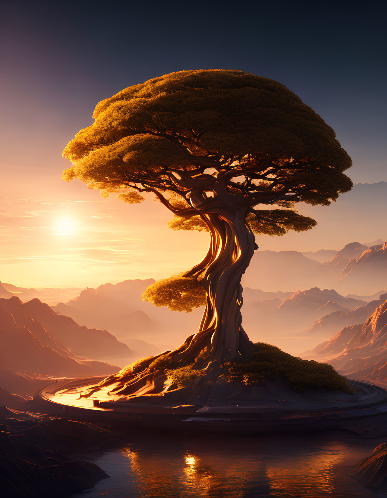 Majestic tree with broad canopy at sunset by serene river in mountain landscape