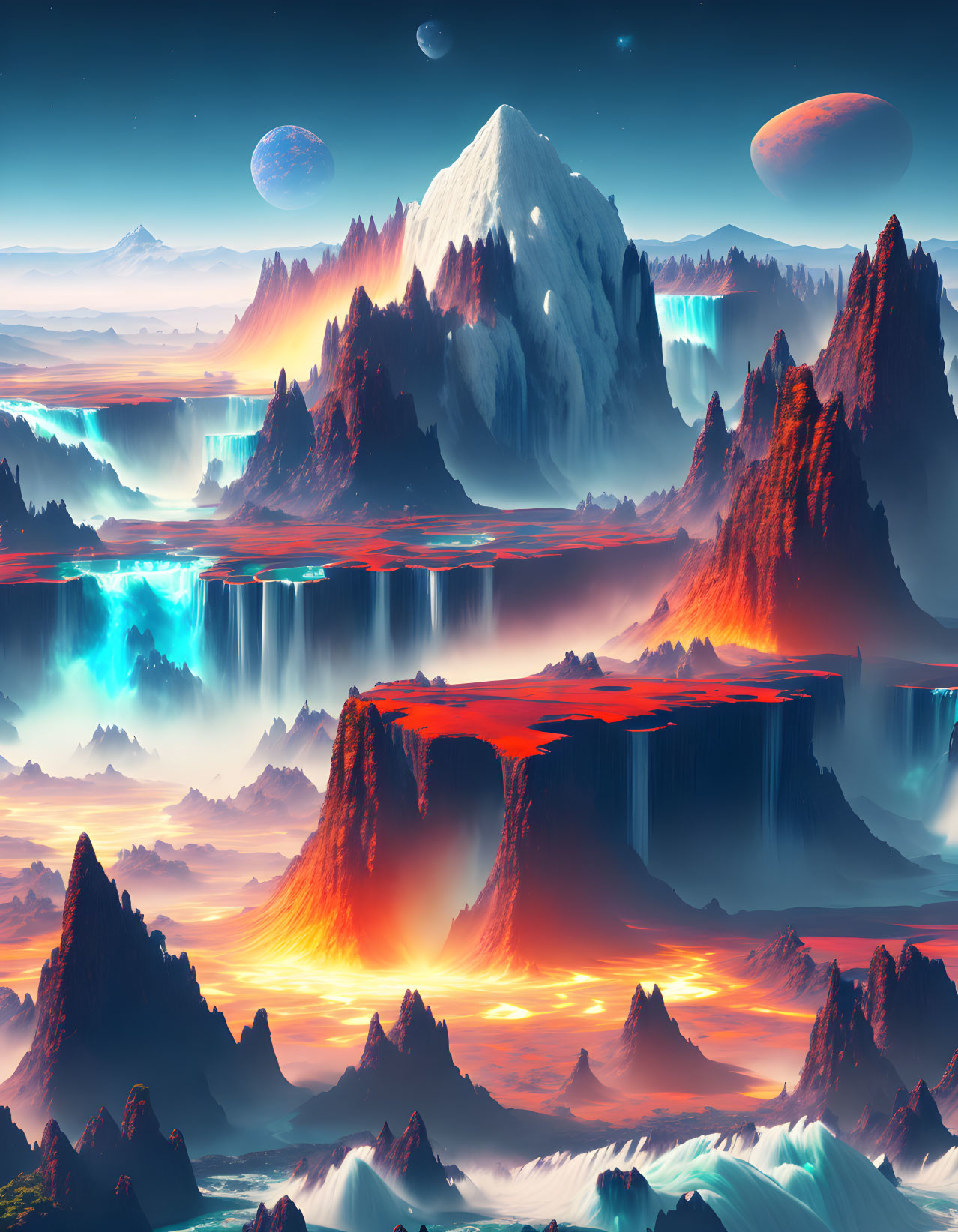 Alien landscape with mountains, waterfalls, and lava under distant planets