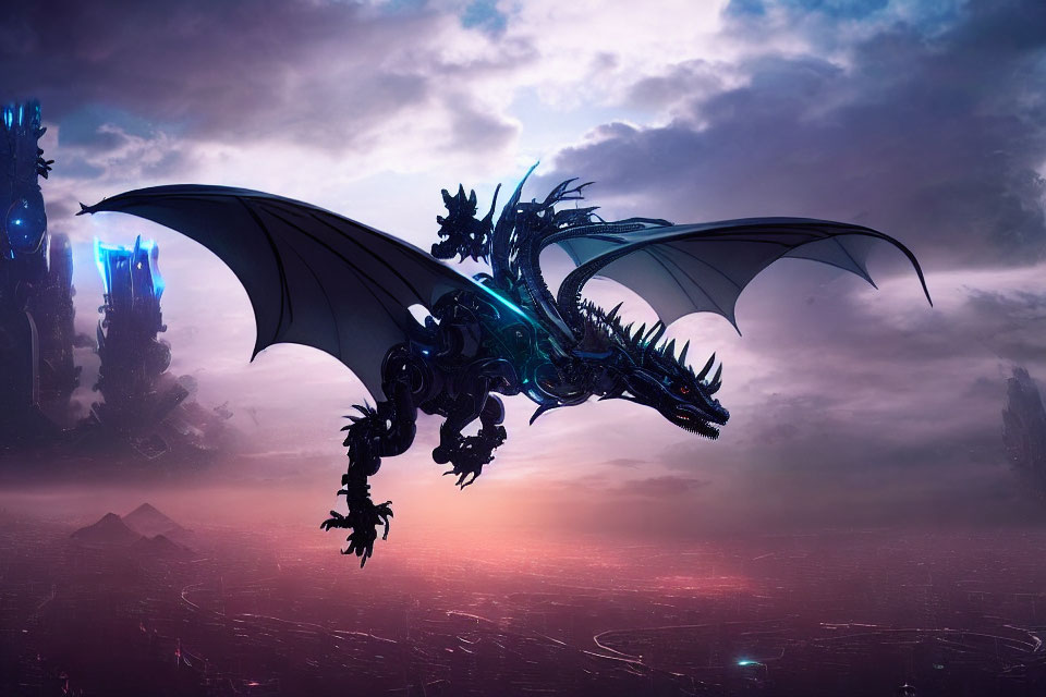 Majestic dragon flying over futuristic landscape at sunrise or sunset