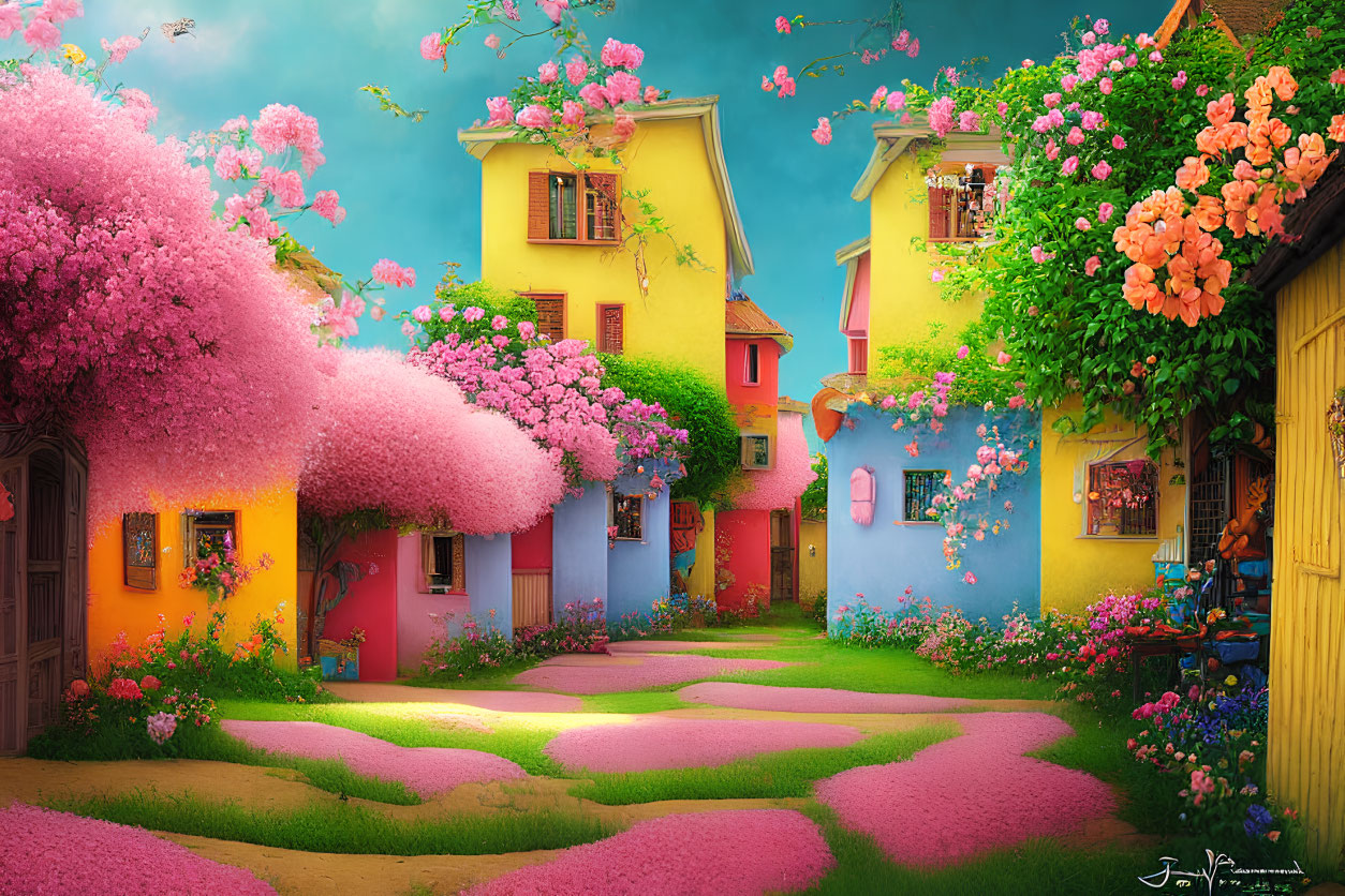 Colorful Village with Pastel Houses and Blooming Trees