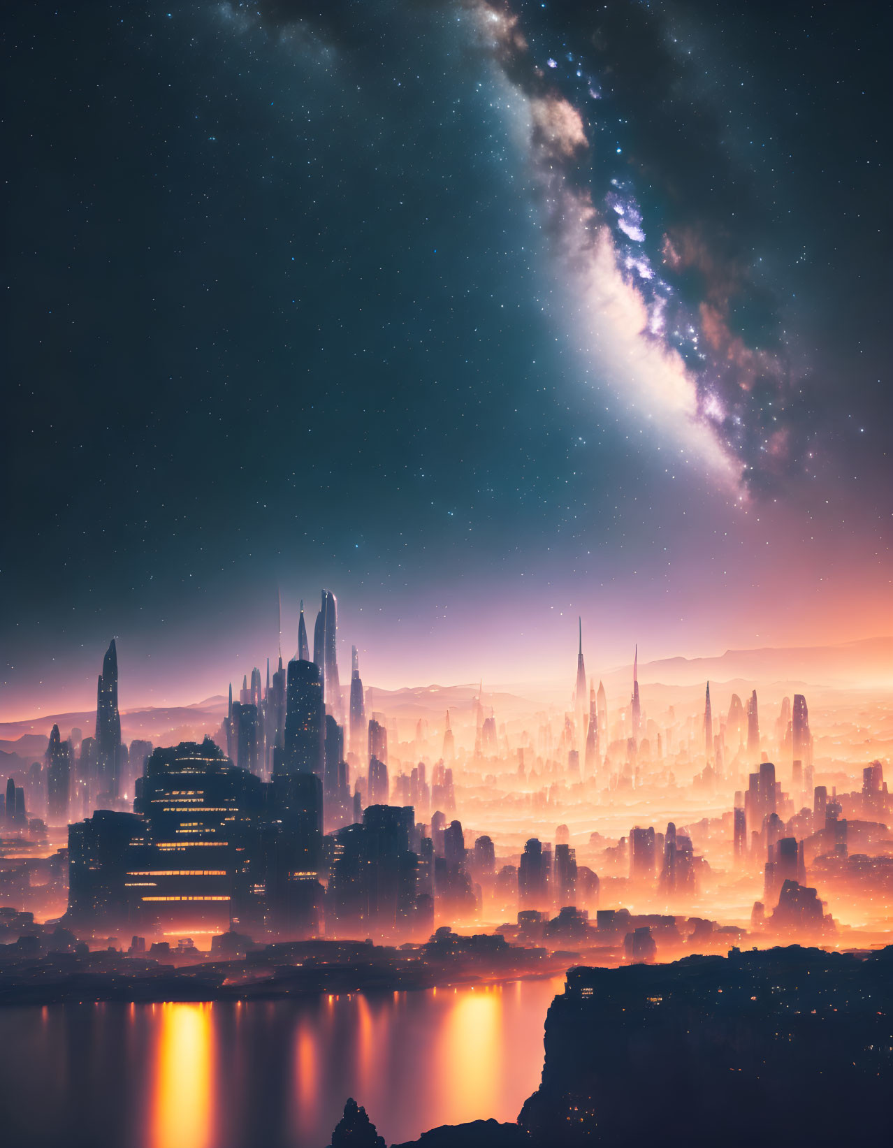 Futuristic city skyline at twilight with river and starry galaxy