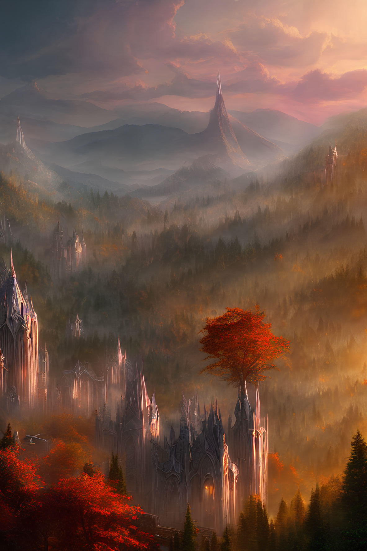 Mystical sunrise landscape with towering spires, red tree, mist, mountains.