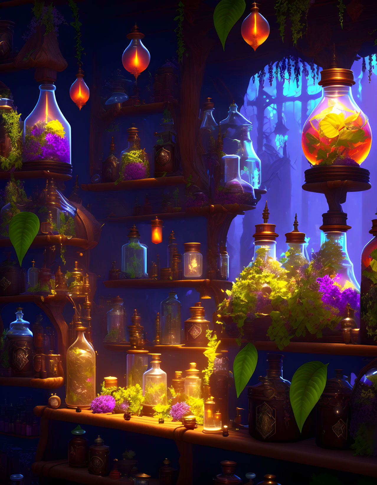 Glowing lanterns and bottles on wooden shelves in a magical forest setting