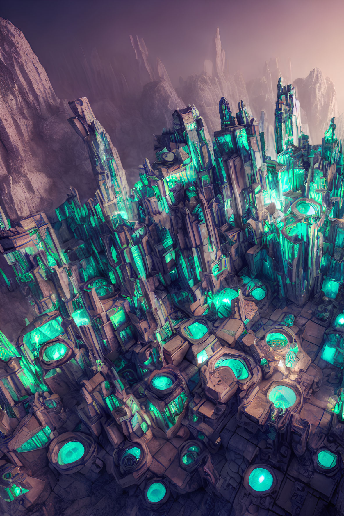 Futuristic cityscape with crystalline towers and neon lights in mountainous landscape