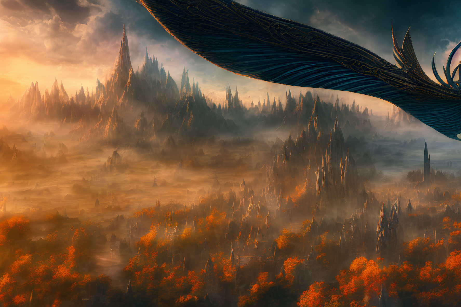 Mystical landscape with soaring dragon wing and towering spires