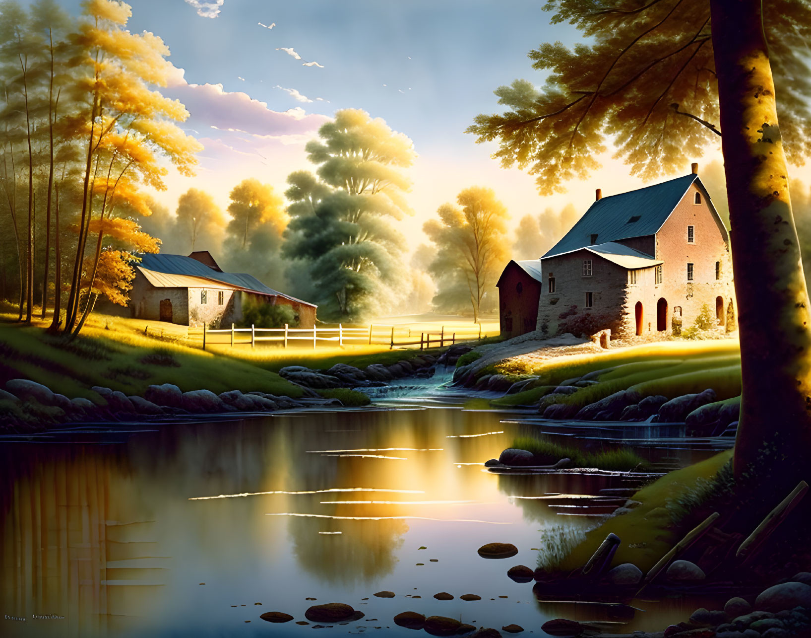 Tranquil countryside landscape with reflective river, stone houses, lush trees, and warm sunset