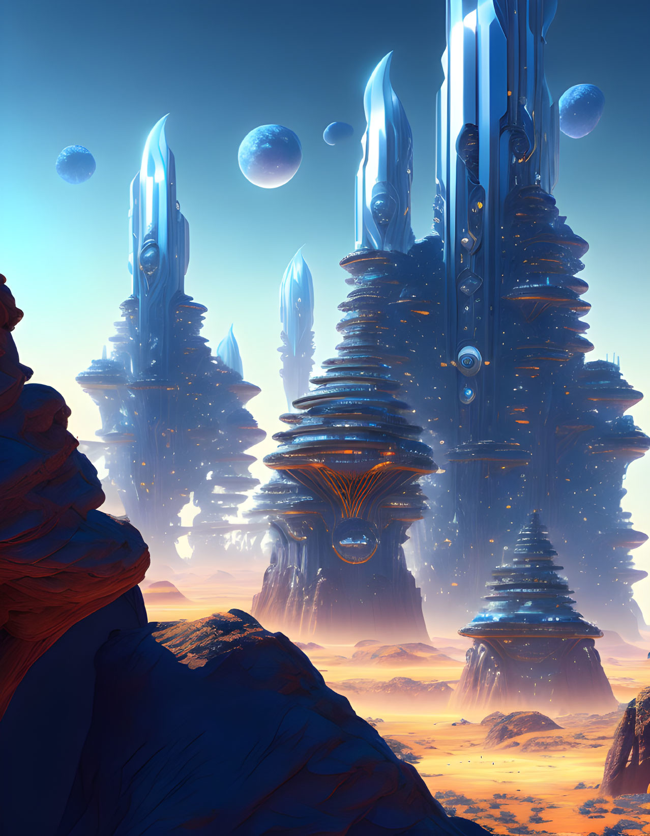 Futuristic cityscape with towering spires in desert setting