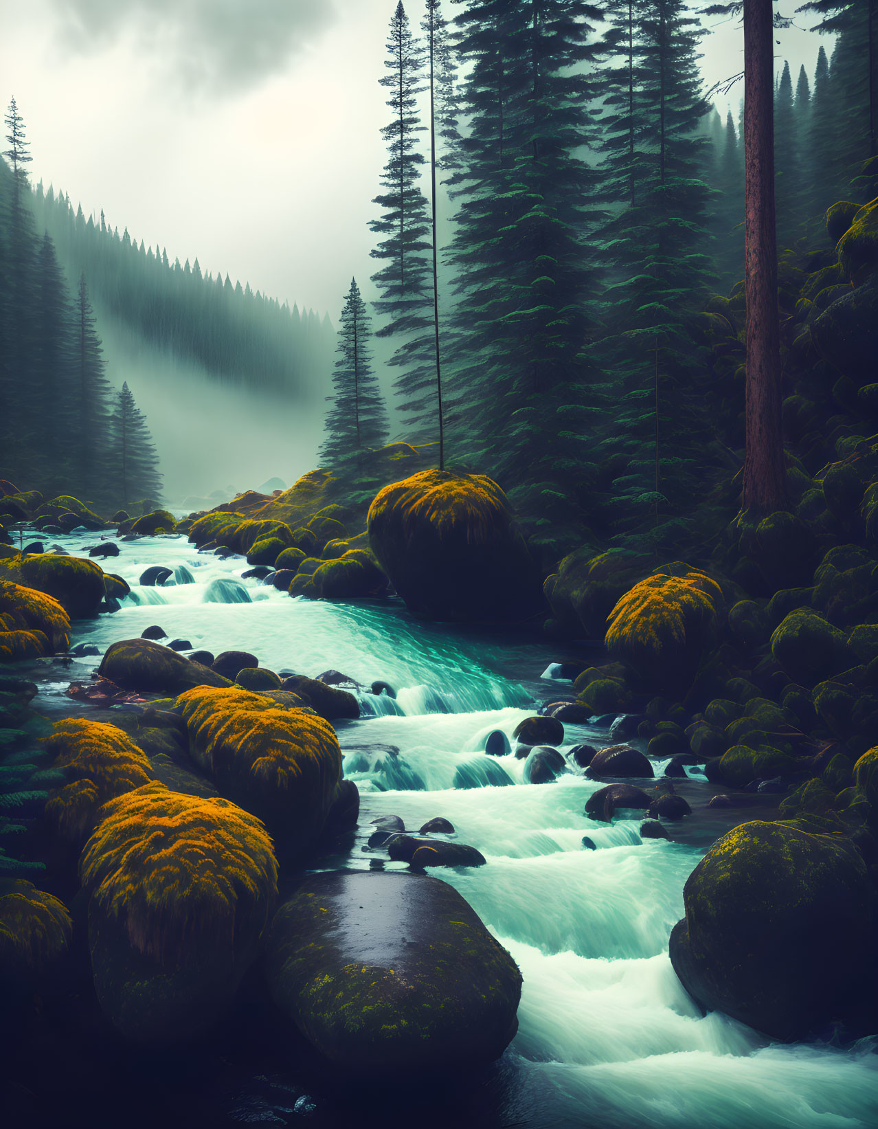 Tranquil forest river with moss-covered rocks