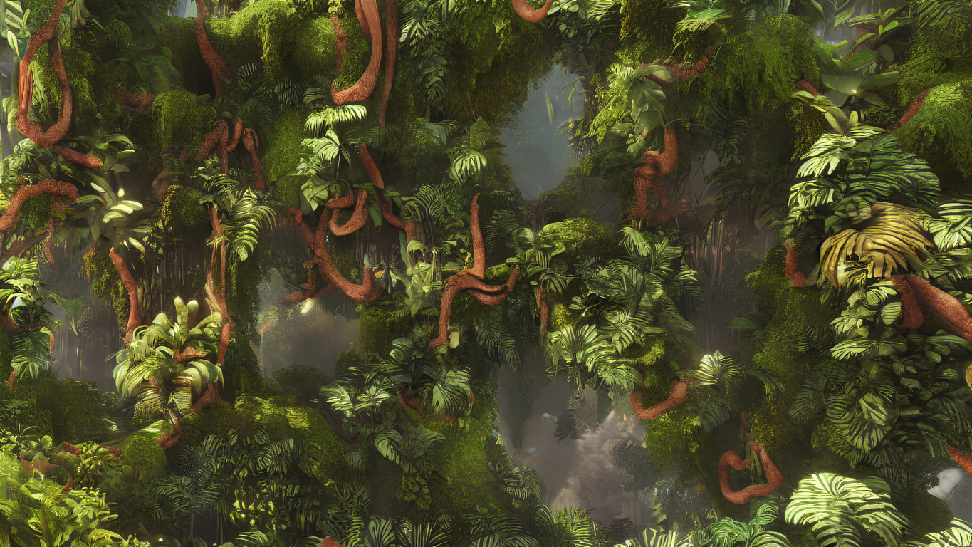 Mystical jungle scene with dense foliage and hanging vines