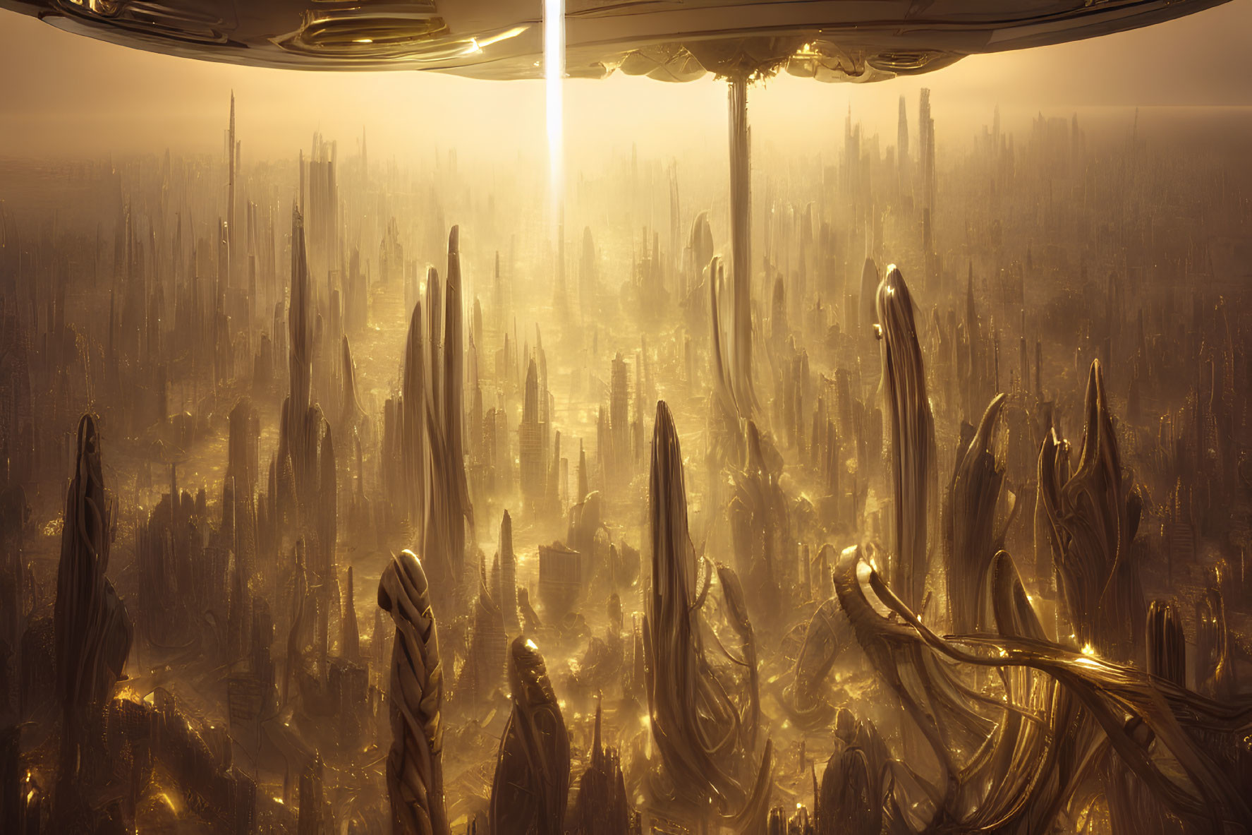 Futuristic cityscape with golden light and saucer-shaped object